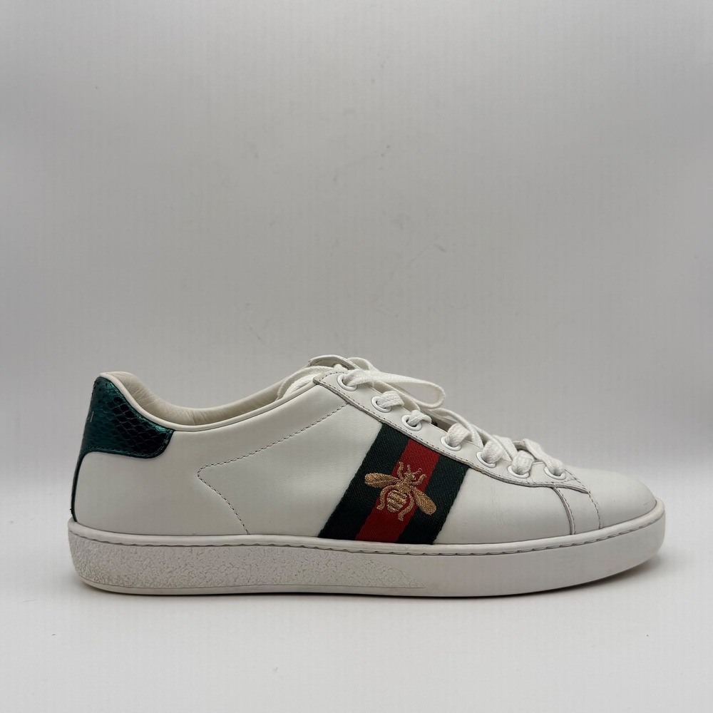 Gucci Ace Bee Sneakers Women Size 6.5 White Leather Web Stripe Low Top